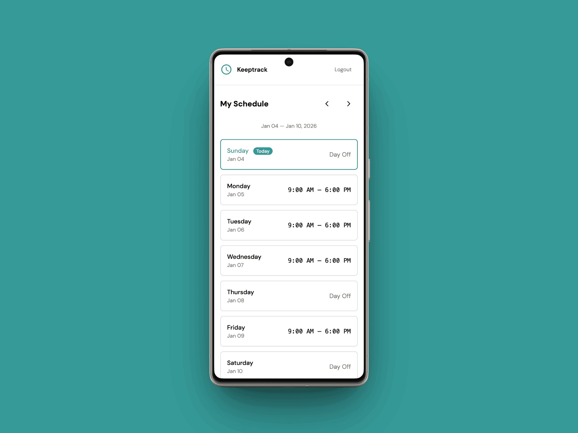 Employee portal showing weekly schedule view with shift times and off days