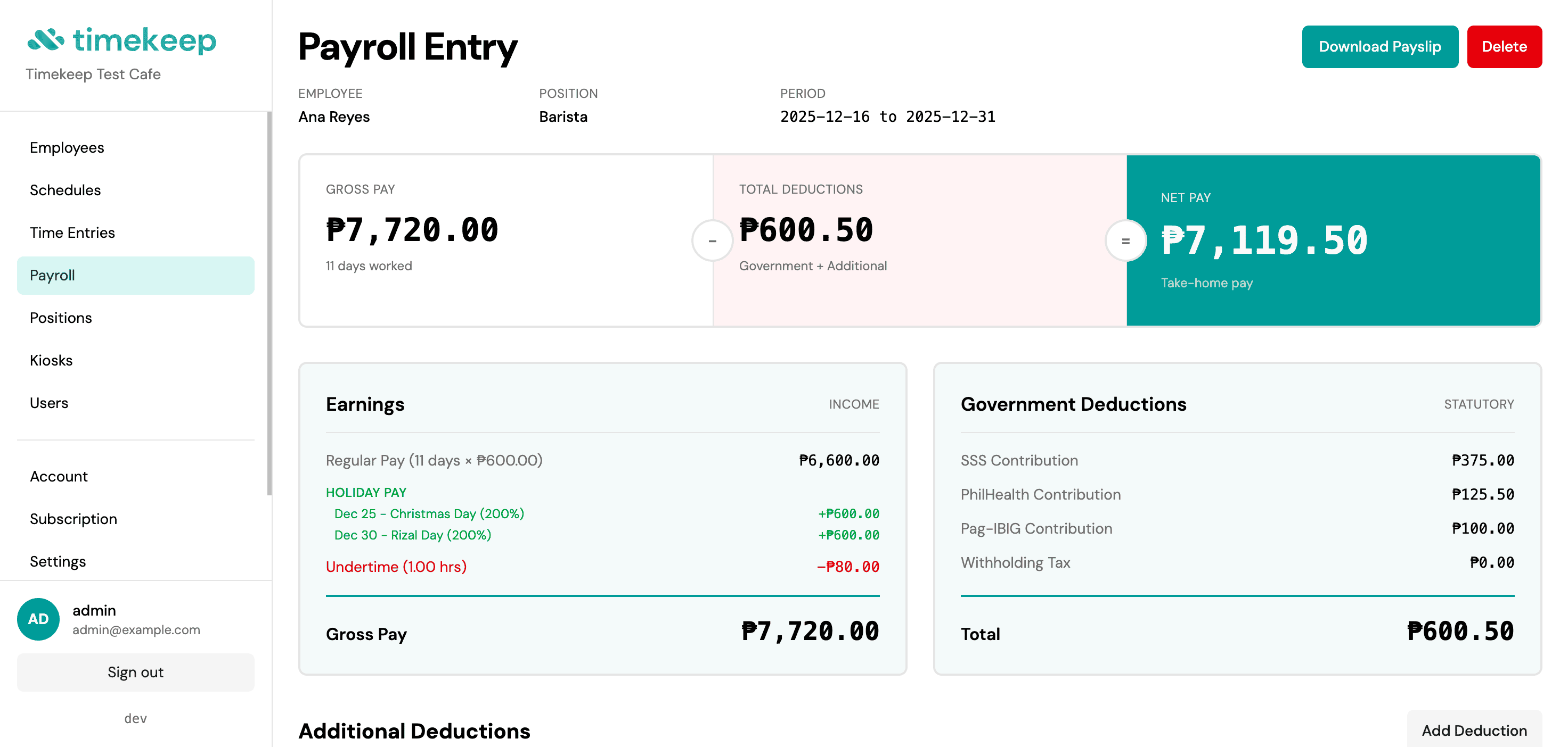 Payroll entry showing holiday pay calculations for Christmas Day and Rizal Day at 200% rate