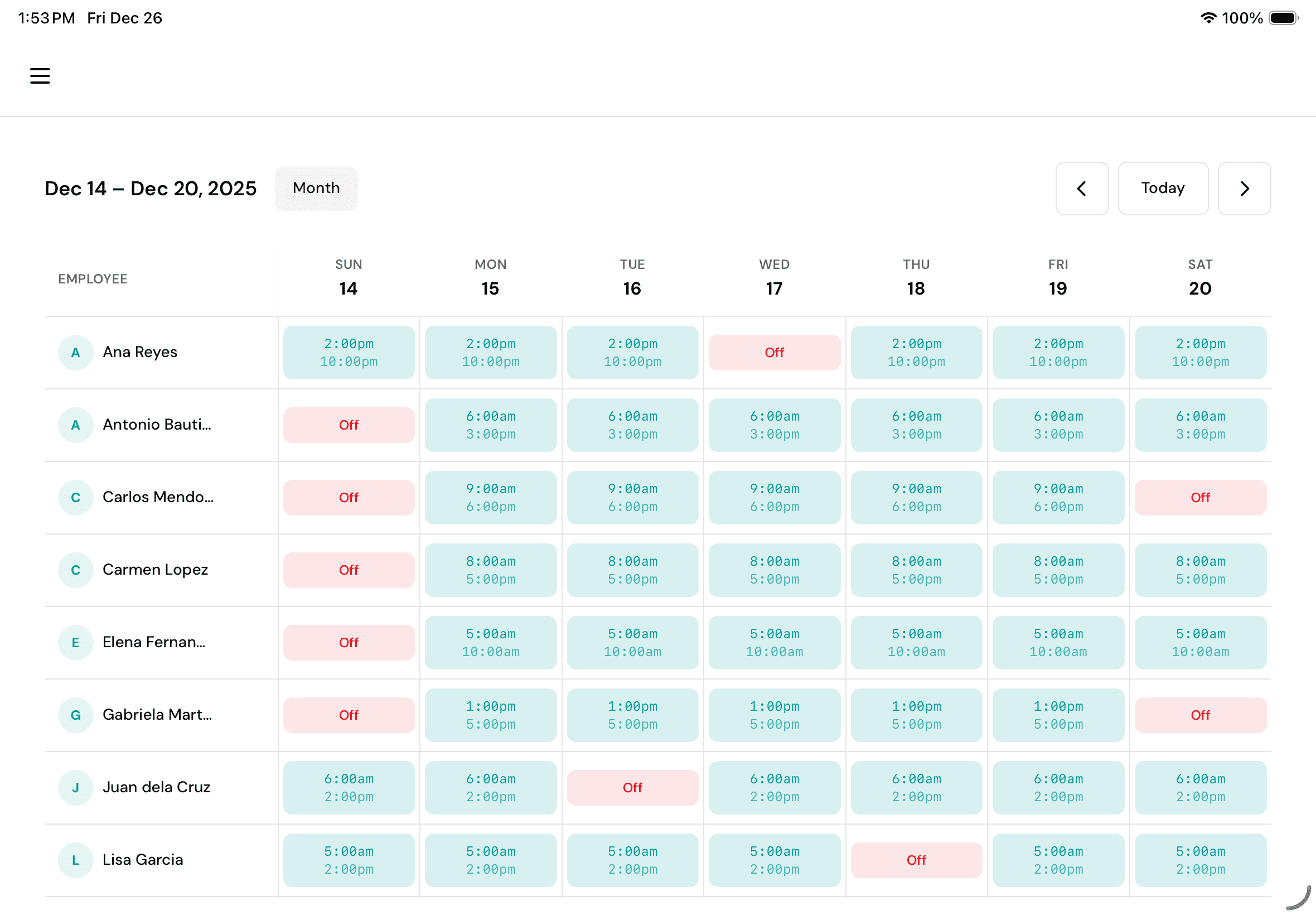 Week view on iPad showing employees with their daily shift times and off days